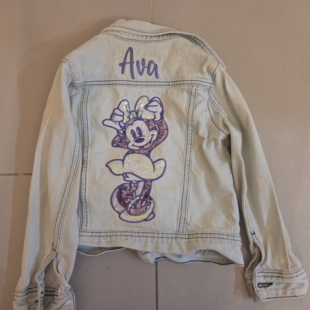 Personalized Light Wash Kids Denim Jacket with Purple Minnie Graphic